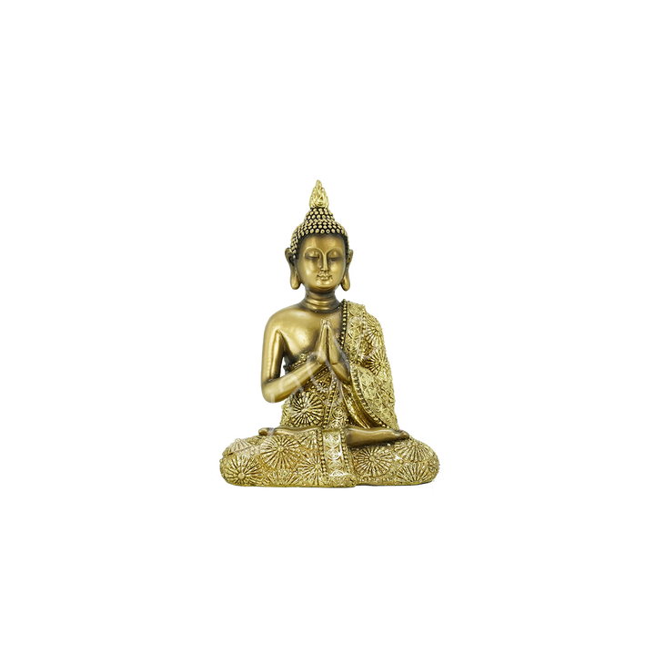 An antique gold-colored resin statue featuring a seated Buddha in prayer.