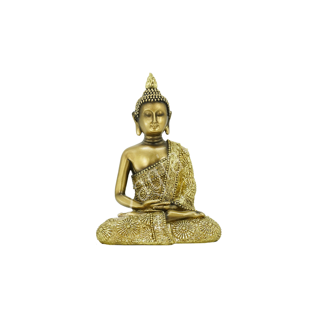 An antique gold-colored resin statue featuring a seated Buddha in meditation.