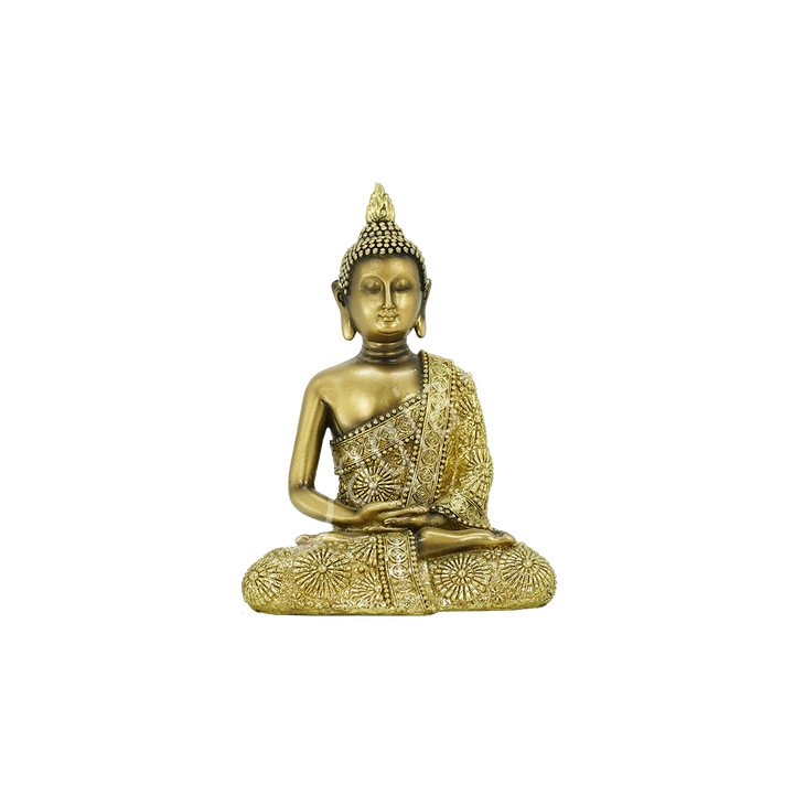 An antique gold-colored resin statue featuring a seated Buddha in meditation.