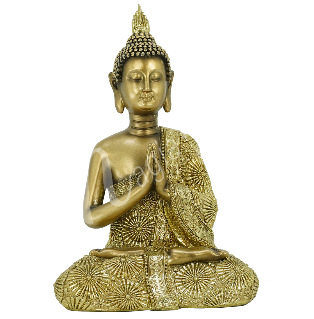 A gold-colored resin statue featuring a seated Buddha in prayer.