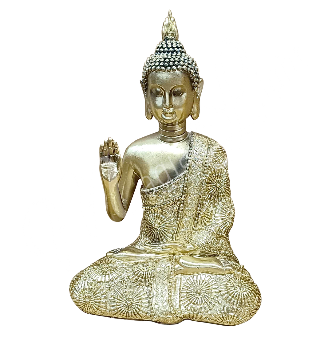 An antique gold-colored resin statue featuring a seated Buddha with a raised hand.
