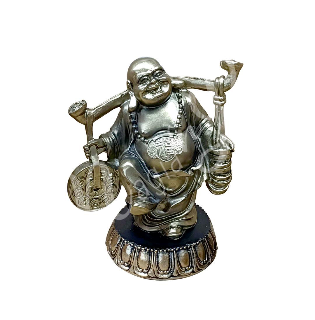 A gold-colored resin statue featuring a happy Buddha carrying coins.