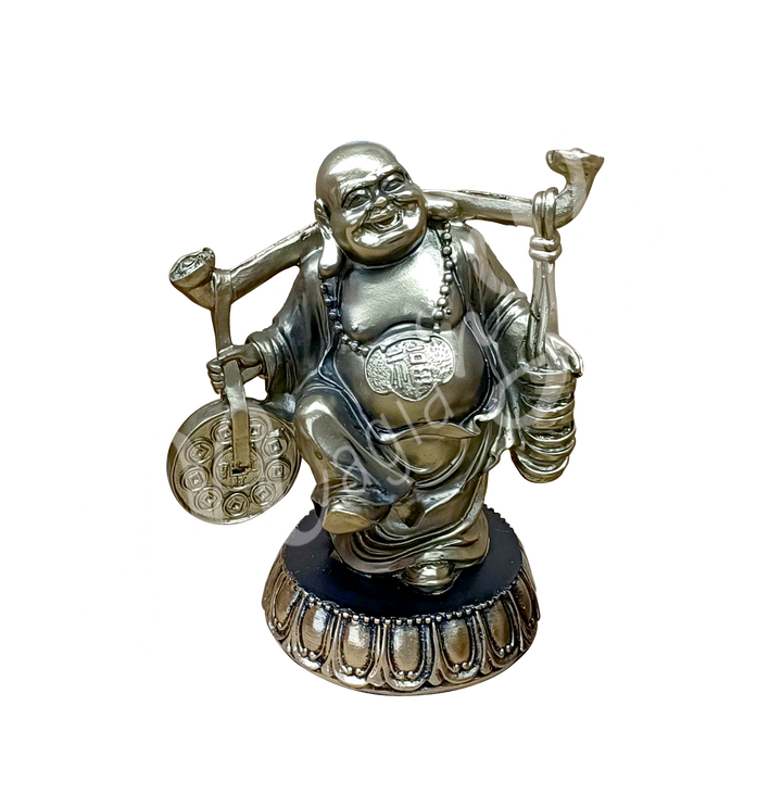 A gold-colored resin statue featuring a happy Buddha carrying coins.