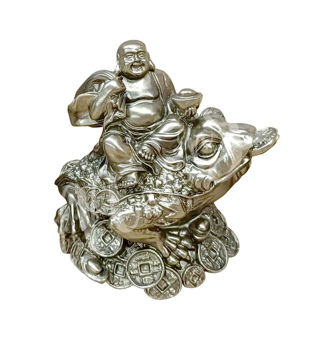A gold-colored resin statue featuring a happy Buddha seated on a money frog.
