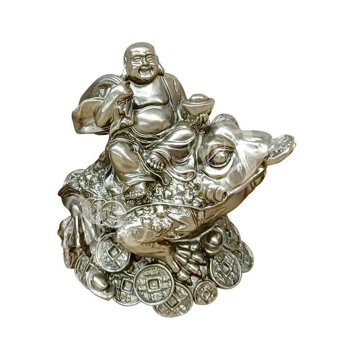 A gold-colored resin statue featuring a happy Buddha seated on a money frog.