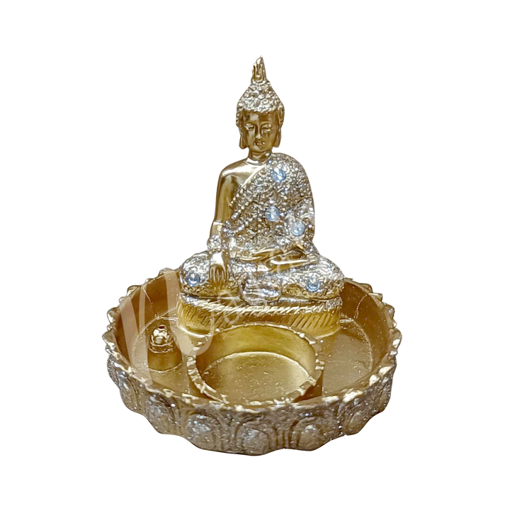 A round gold-colored tealight and incense holder made of resin, featuring a seated Buddha with tealight and incense spaces at the front.