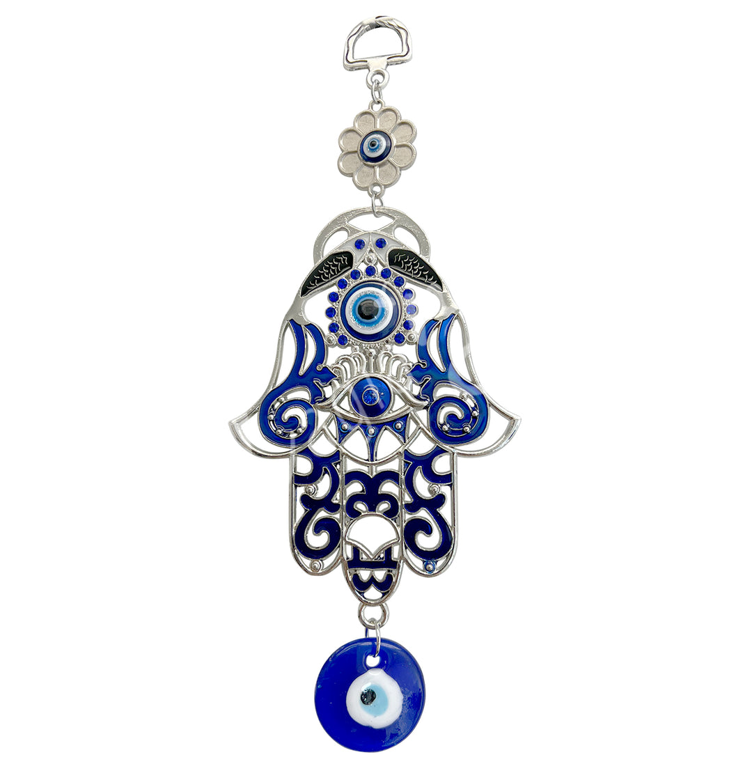 EVIL EYE HANGING HAND WITH BLUE INLAY 7.75-8″L