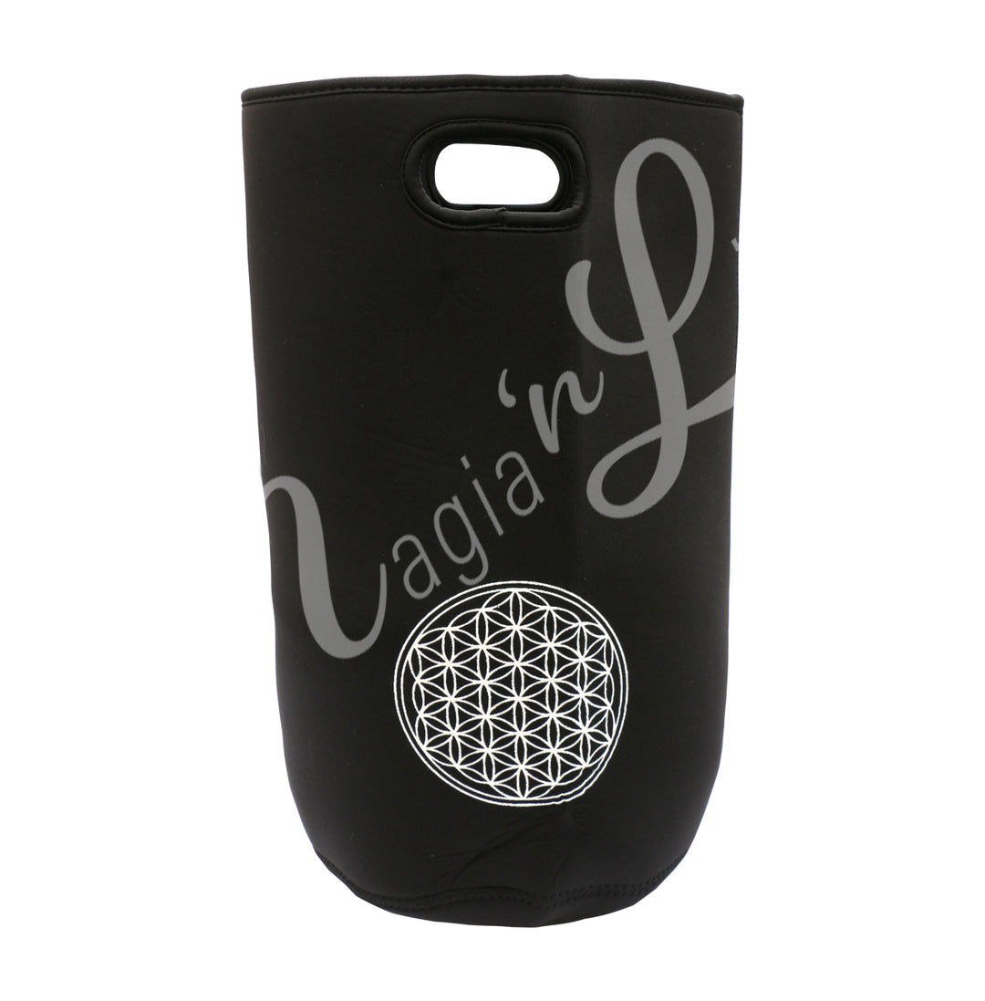 Black singing bowl bag with a small oval cutout handle and a white geometric flower of life design near the bottom.