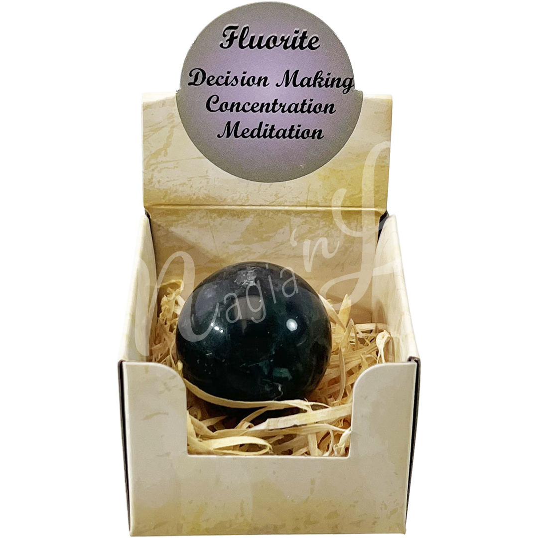 A open gift box with the words "Fluorite, Decision Making, Concentration, Meditation", showing a Fluorite sphere stone.