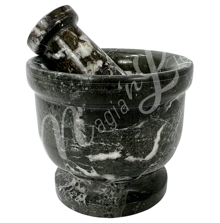 Black zebra marble with white veining mortar and pestle set. Seen in an other angle.