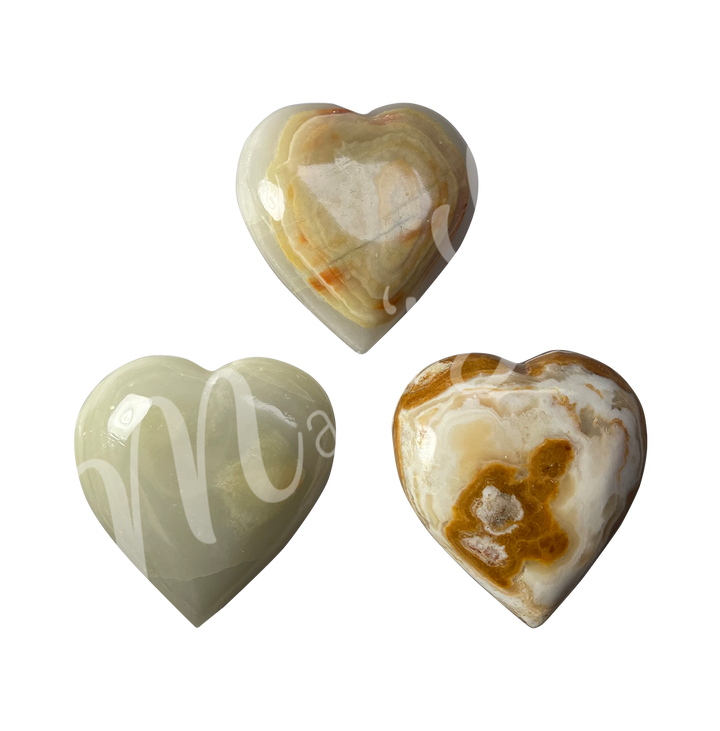 Three heart-shaped green onyx crystal.