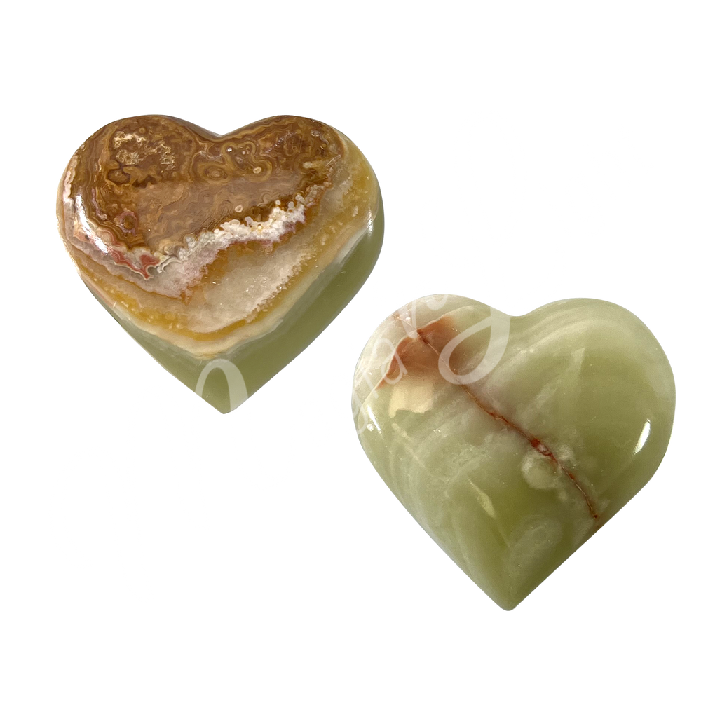 Two heart-shaped green onyx crystal.