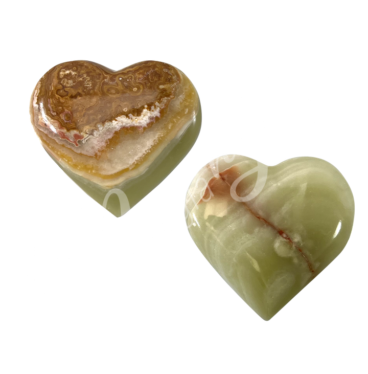 Two heart-shaped green onyx crystal.