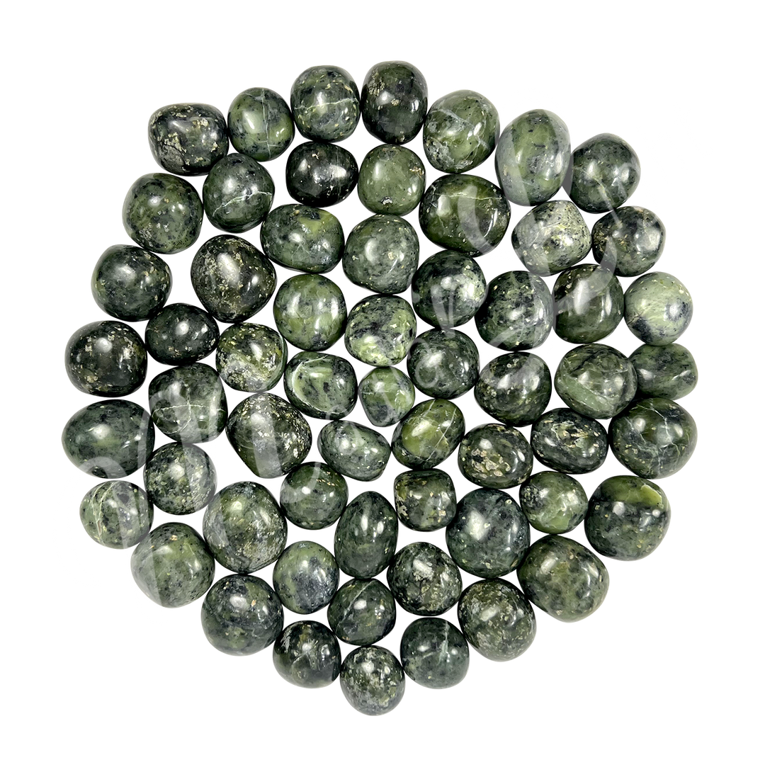Collection of polished tumbled stones in shades of green, arranged together in a circular pile.