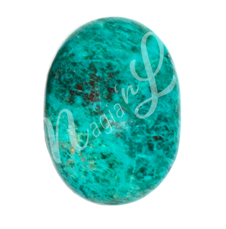 Close-up of a polished oval palm stone made of Inca Turquoise.