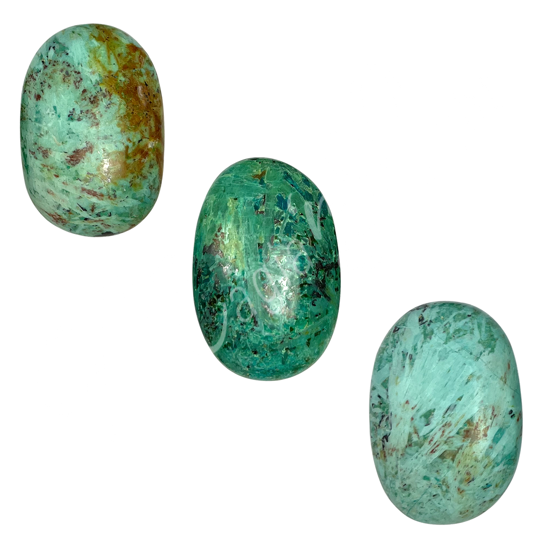 Three polished oval palm stone made of Inca Turquoise, seen with different color shade.