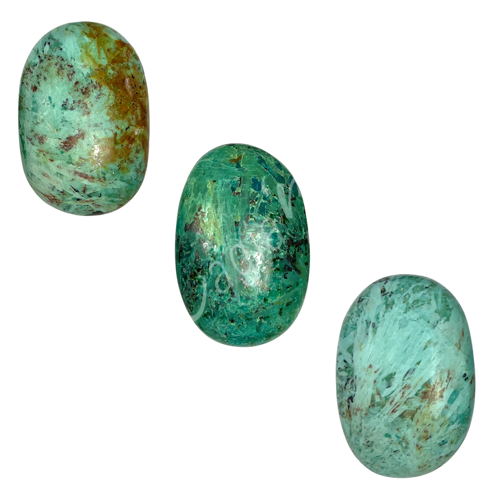 Three polished oval palm stone made of Inca Turquoise, seen with different color shade.