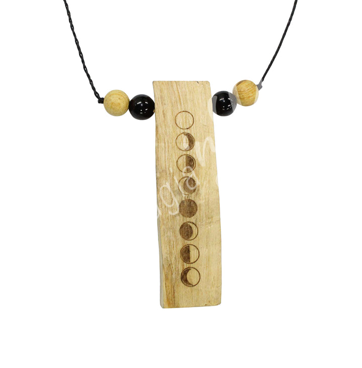 Necklace Palo Santo Wood Moon Phases Engraved with Black Tourmaline 6-12"L