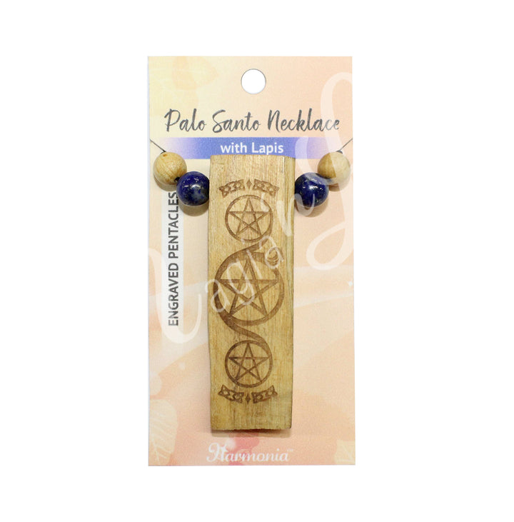 Necklace Palo Santo Wood Pentacle Engraved with Lapis Lazuli 6-12"L
