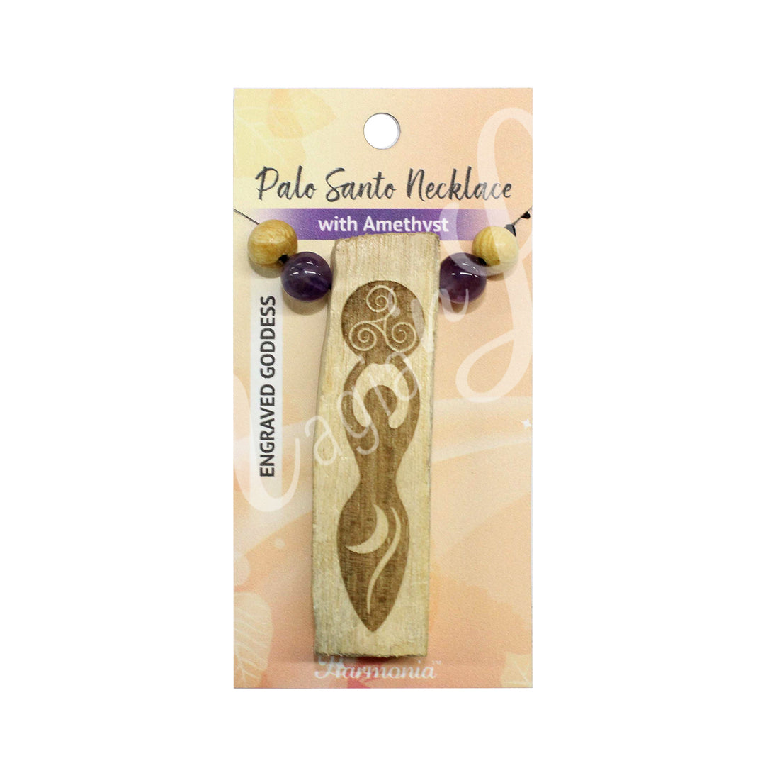 Necklace Palo Santo Wood Goddess Engraved with Amethyst 6-12"L
