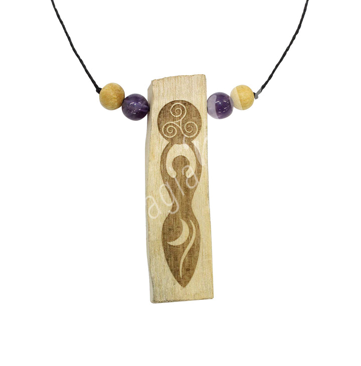 Necklace Palo Santo Wood Goddess Engraved with Amethyst 6-12"L