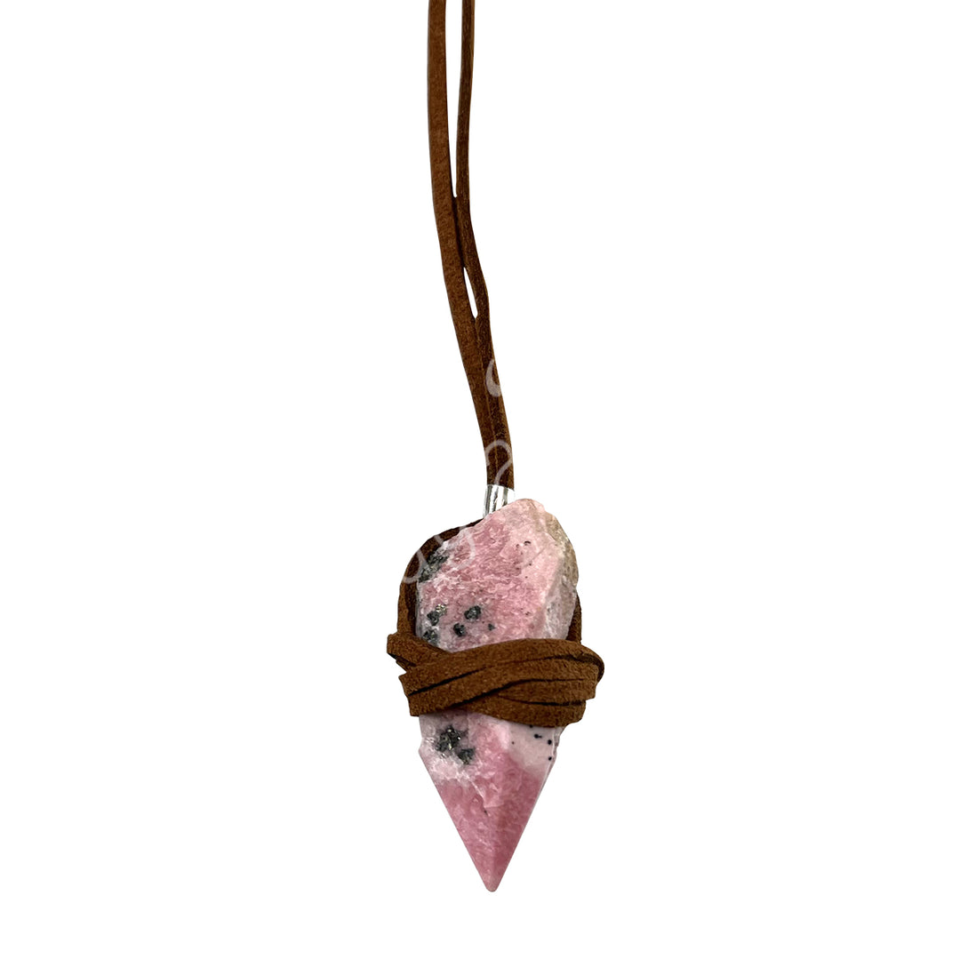Necklace Point Rhodonite Wrapped with Leather Cord 15-16"L