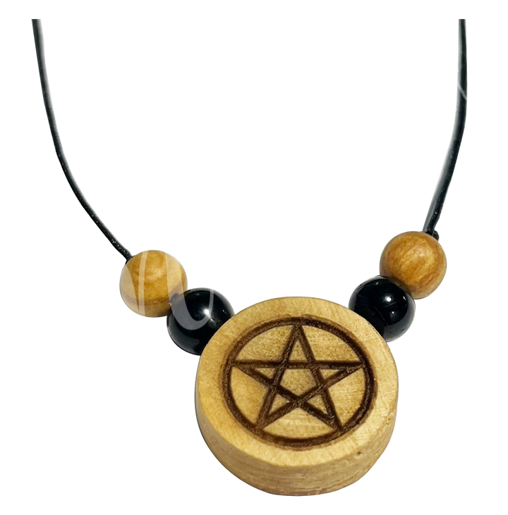 Necklace Palo Santo Pentacle Engraved w Black Tourmaline