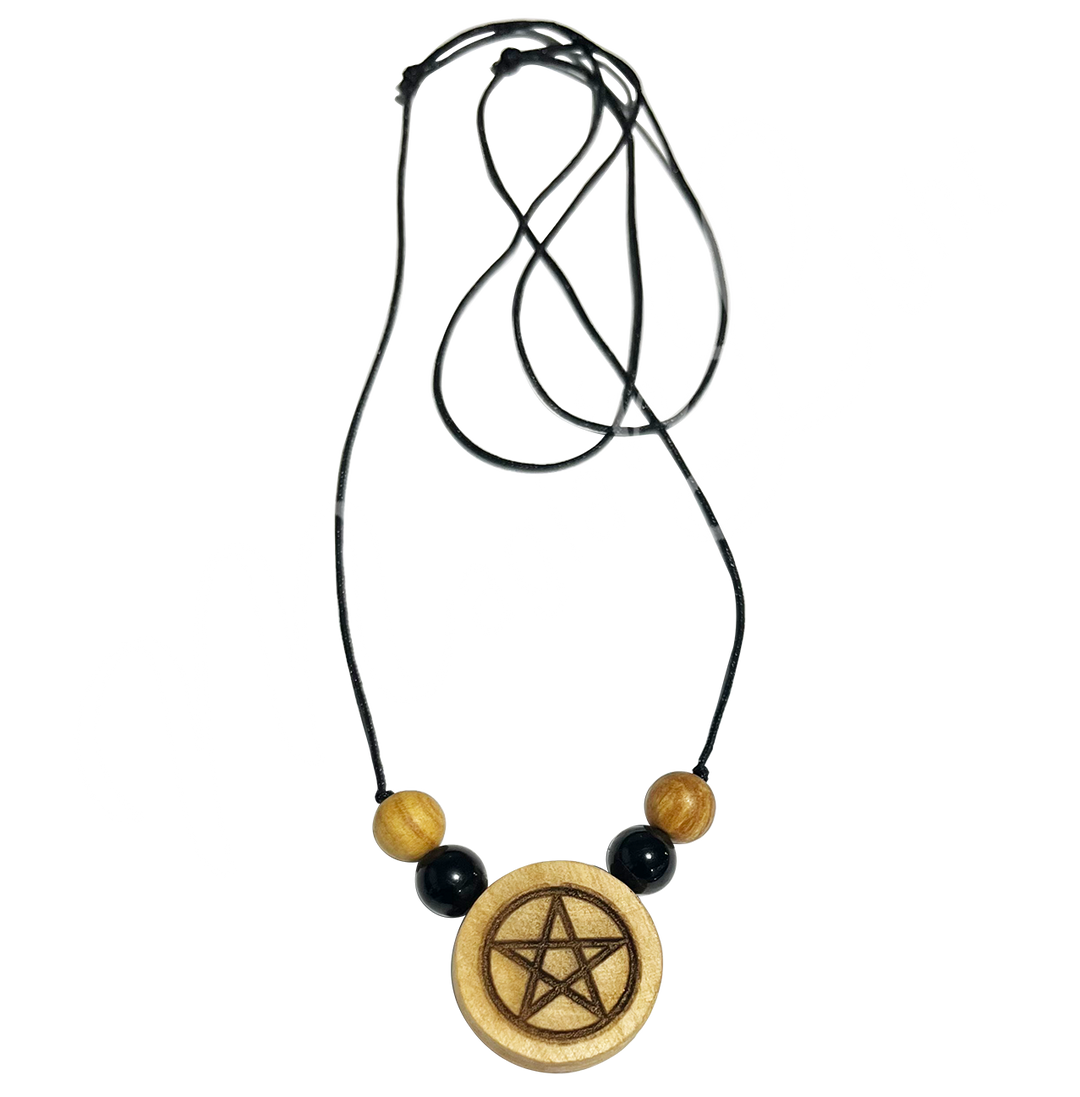 Necklace Palo Santo Pentacle Engraved w Black Tourmaline