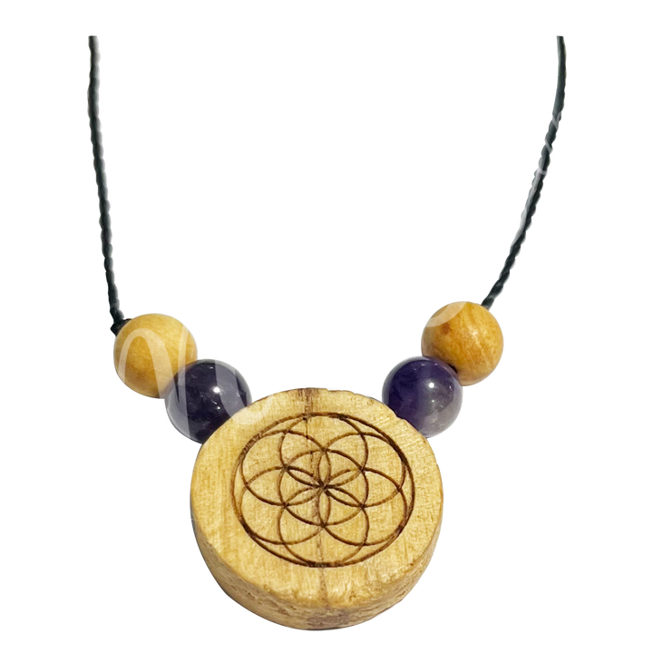 Necklace Palo Santo Flower of Life Engraved w Amethyst