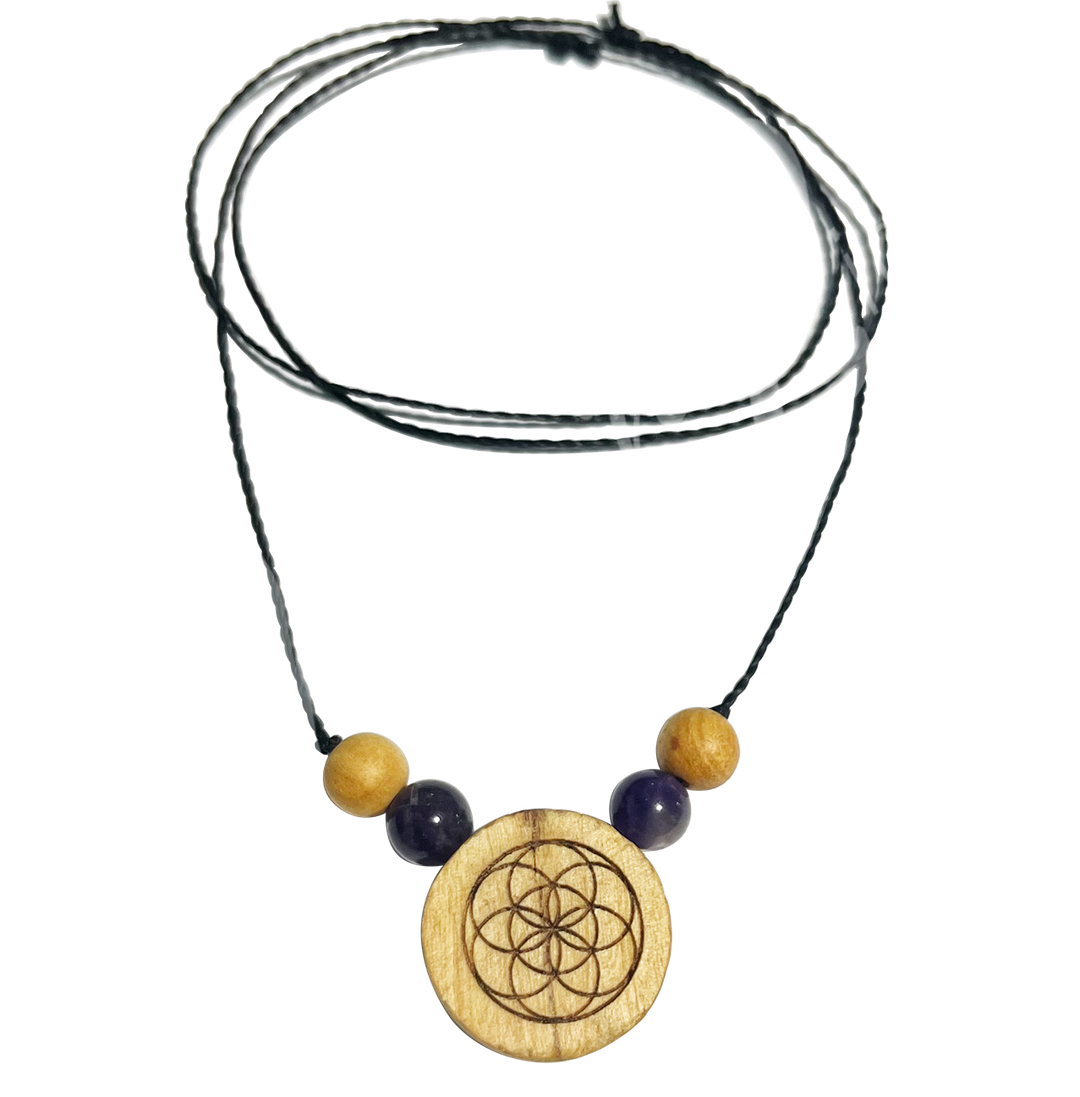 Necklace Palo Santo Flower of Life Engraved w Amethyst