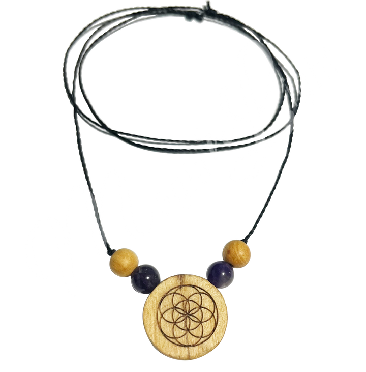 Necklace Palo Santo Flower of Life Engraved w Amethyst