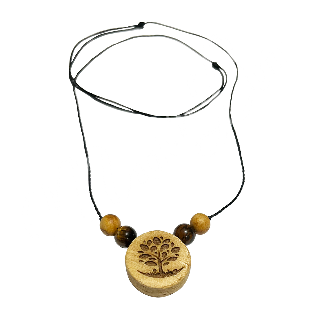 Necklace Palo Santo Tree of Life Engraved w Tiger Eye