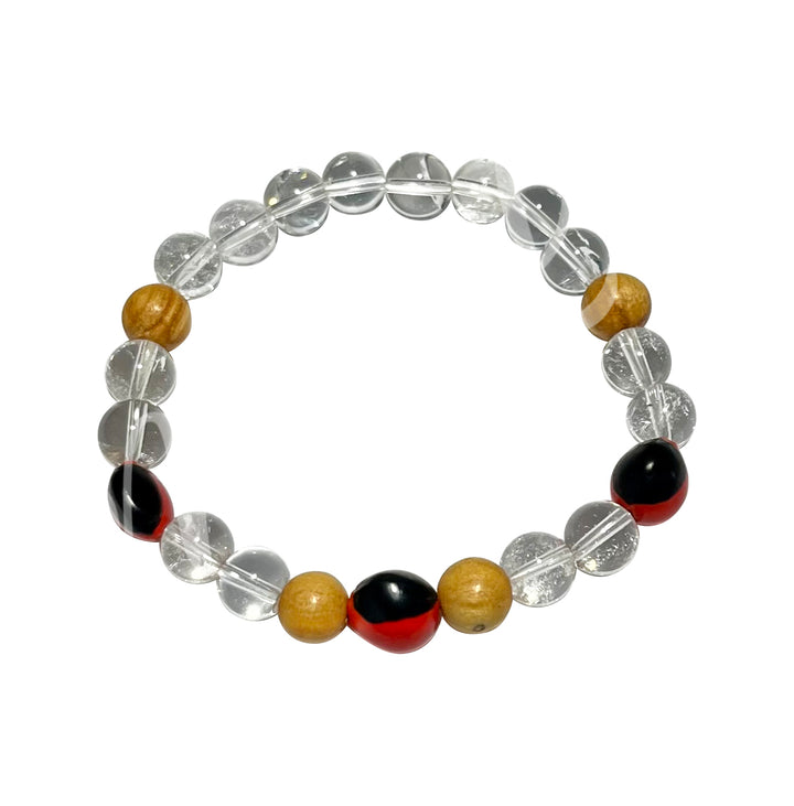 Pulsera Huayruro, Cuarzo Cristal y Palo Santo (8-8,5mm) 7,15-7,25"