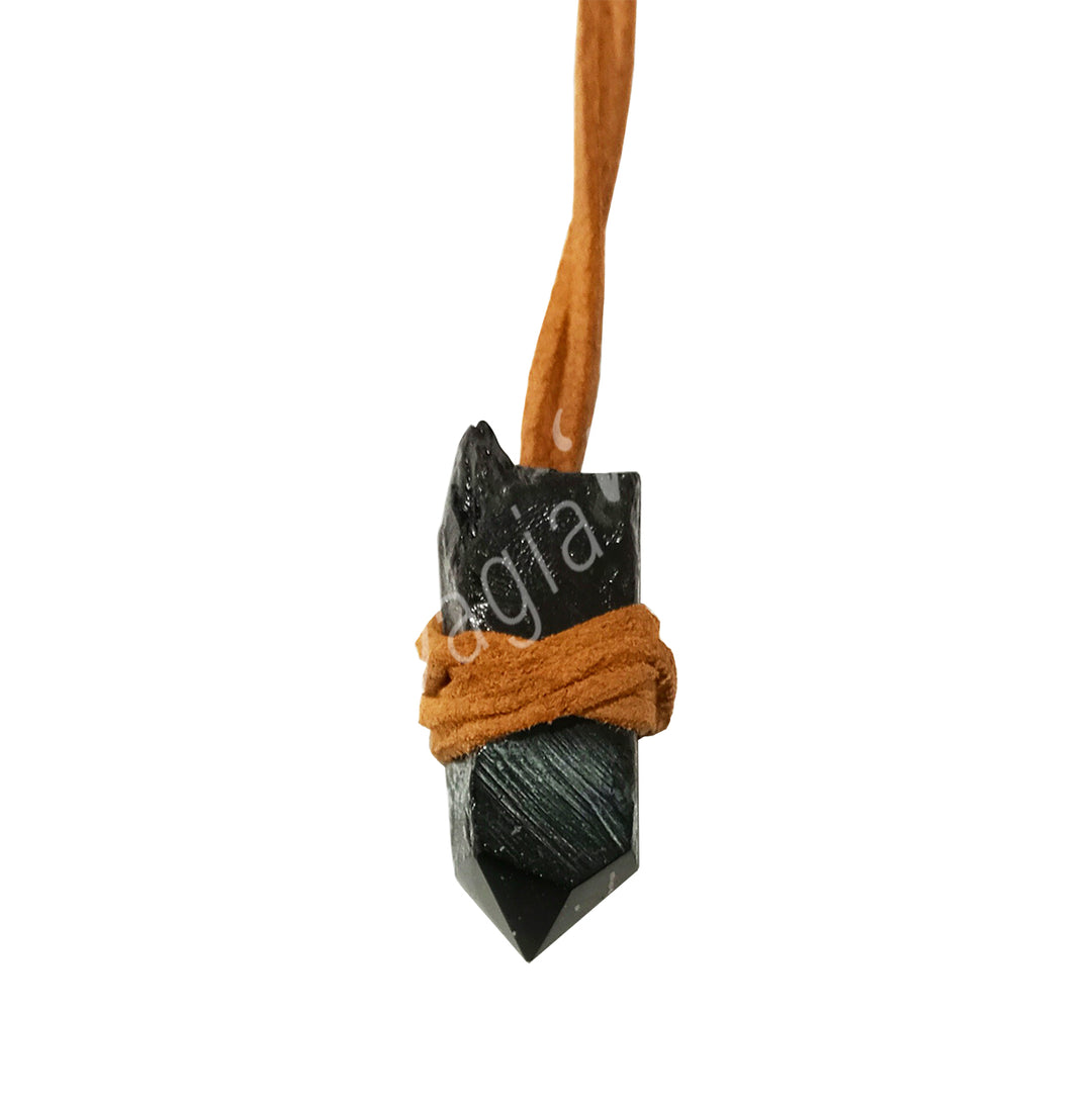 Necklace Point Onyx, Black Wrapped with Leather Cord 15-16"L