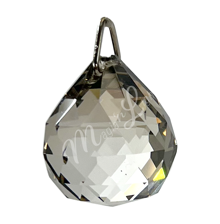 Faceted Satin crystal ball prism with a teardrop shape, reflecting light.