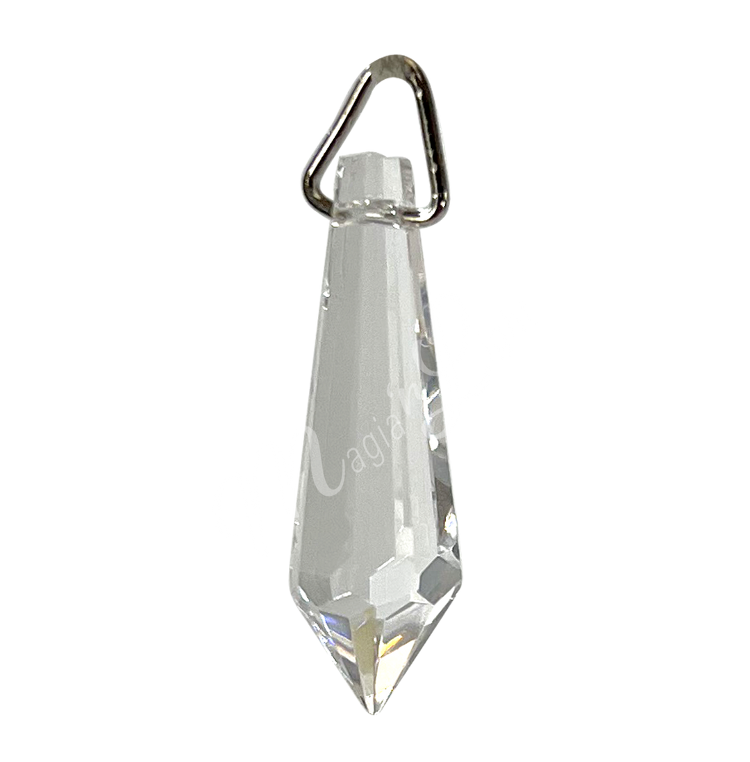 Faceted clear crystal point prism with a teardrop shape, reflecting light.