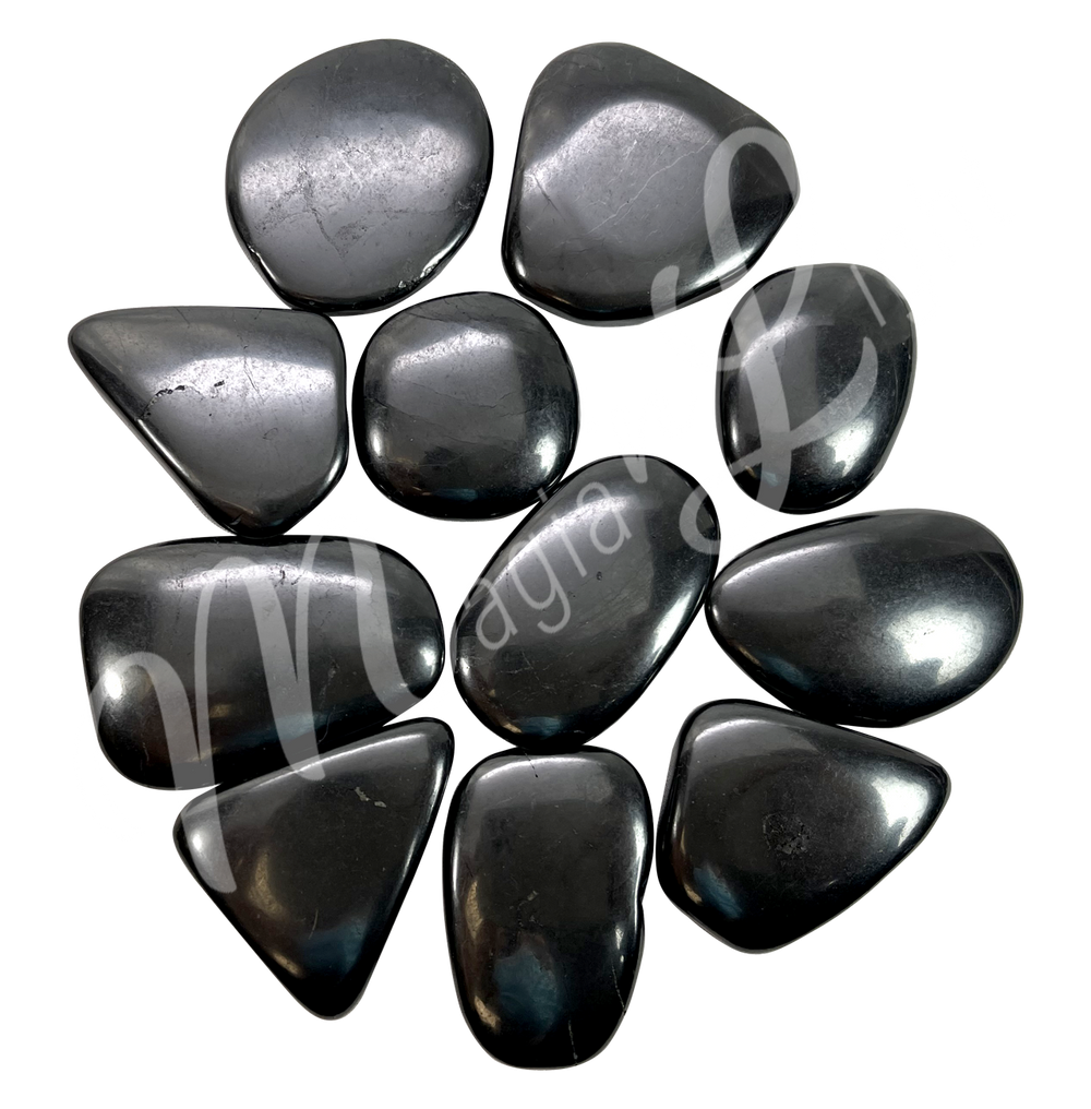 Set of eleven polished pebbles made of 
Shungite in varying shades of black, each displaying unique patterns, arranged in a circular layout.