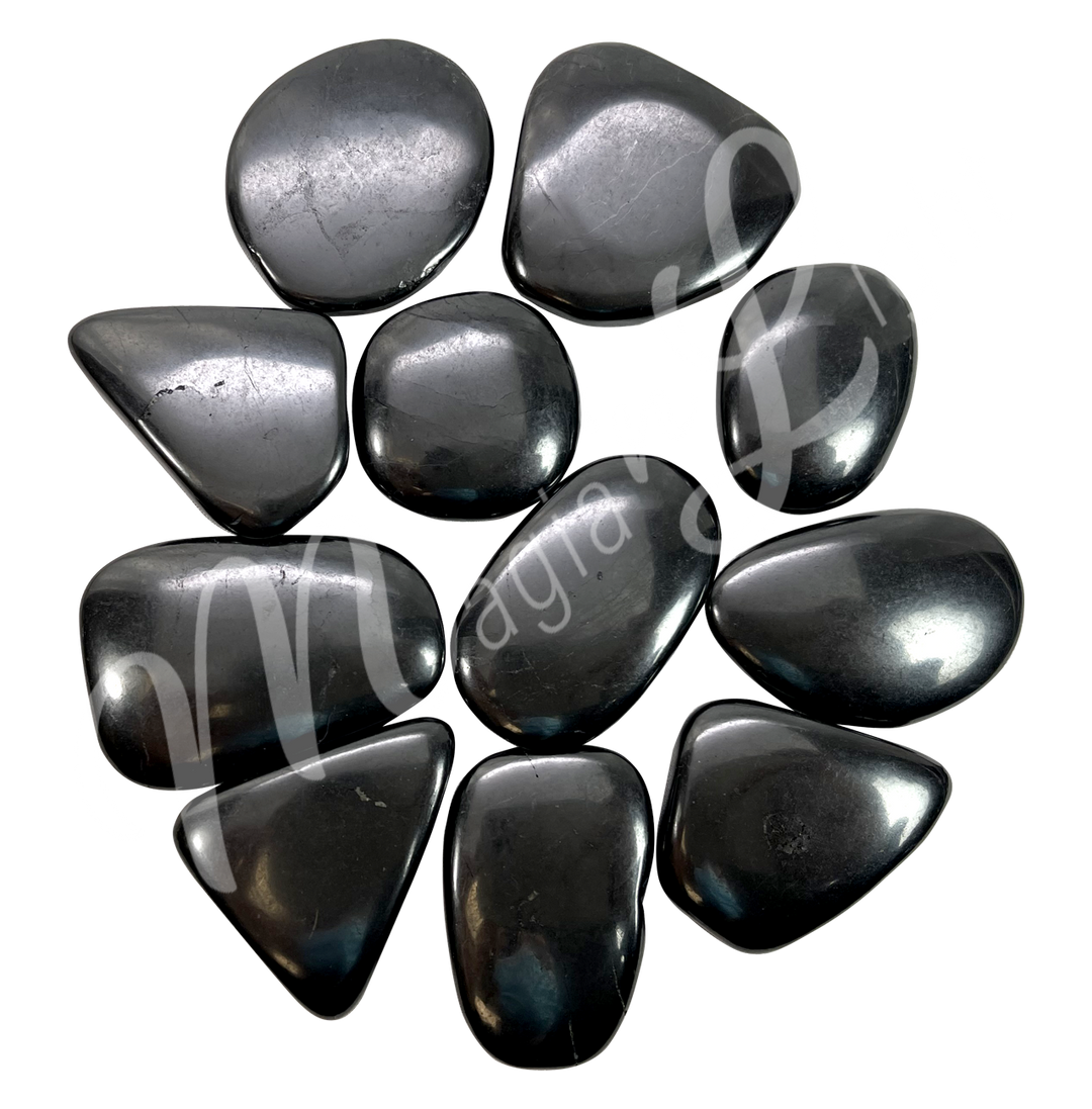 Set of eleven polished pebbles made of 
Shungite in varying shades of black, each displaying unique patterns, arranged in a circular layout.