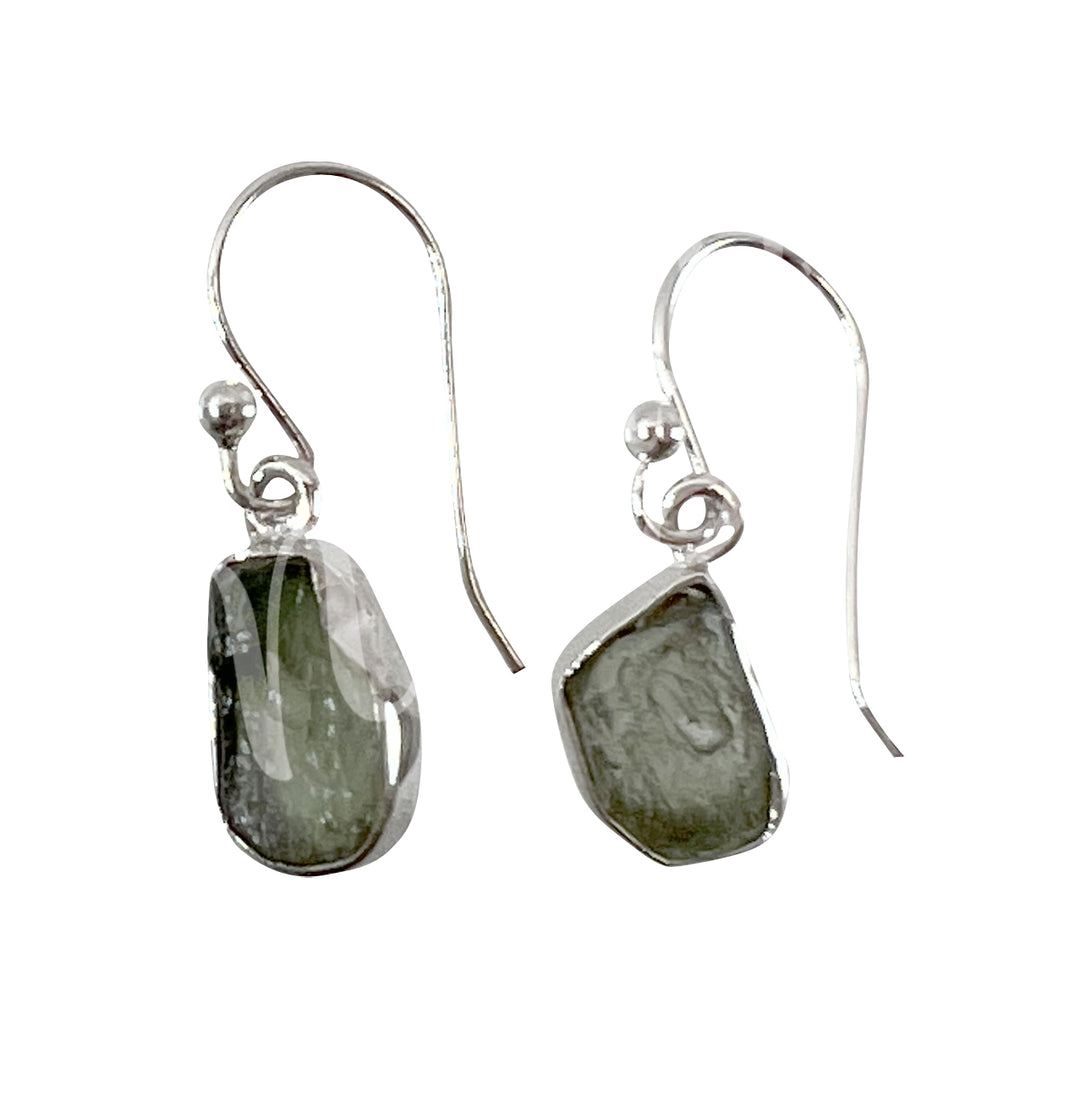 Sterling Silver Earrings Natural Moldavite Free Shapes 22-27mm