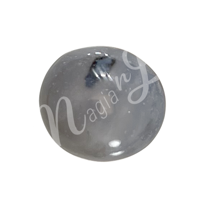 Polished tumbled stone with shades of gray-blue, showing natural patterns and a glossy surface.