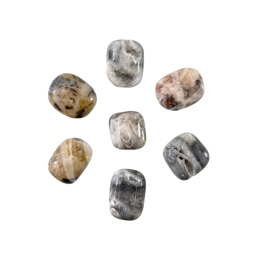 Seven tumbled stones of Dendritic Agate with a druse center arranged in a circular pattern.