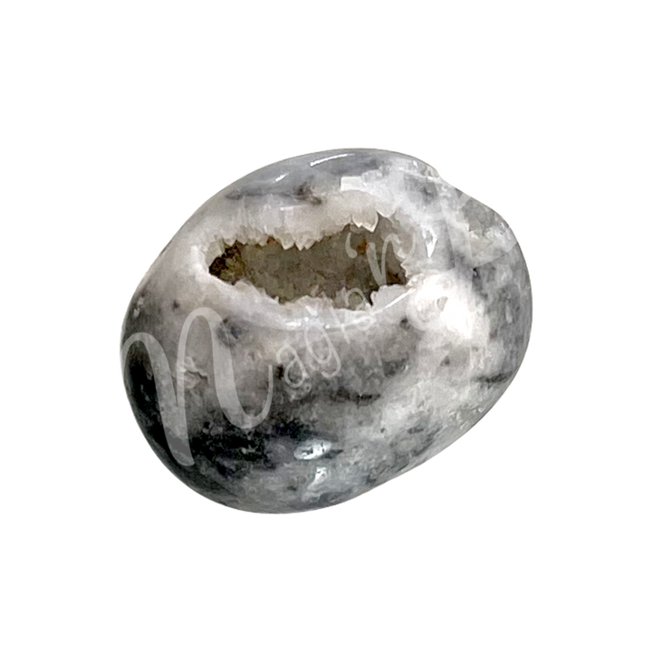 Polished tumbled stone with bands of sparkling crystal at the center and shades of white-gray, showing natural patterns and a glossy surface.