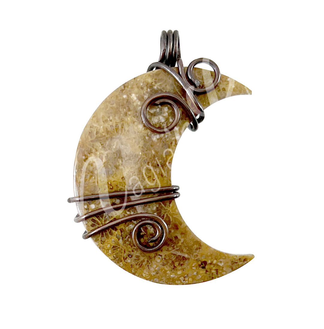 Pendant Moon Wire Wrap Fossil Coral 1.25-1.5″