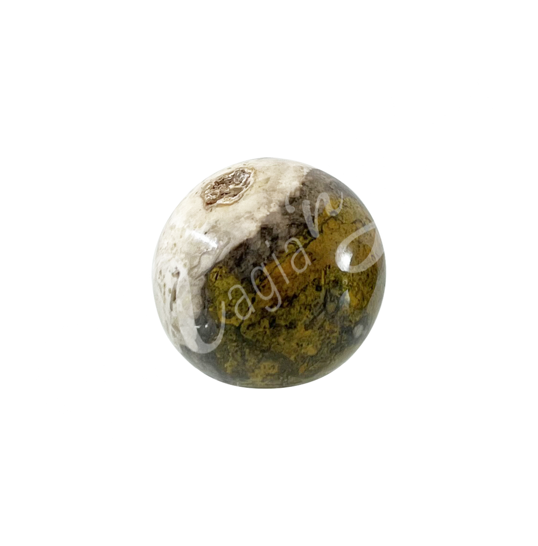 A sphere made of Bumble Bee Jasper.