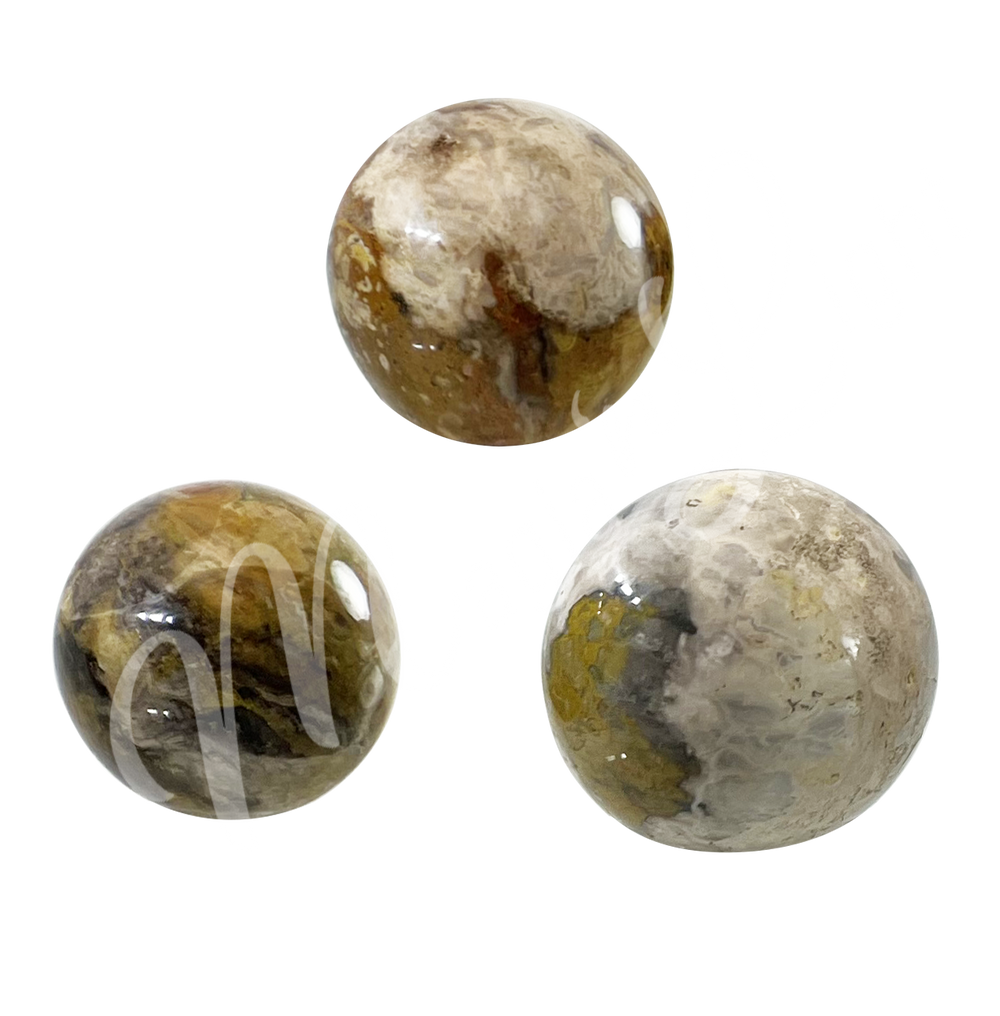 Three sphere made of Bumble Bee Jasper with a different color shade.