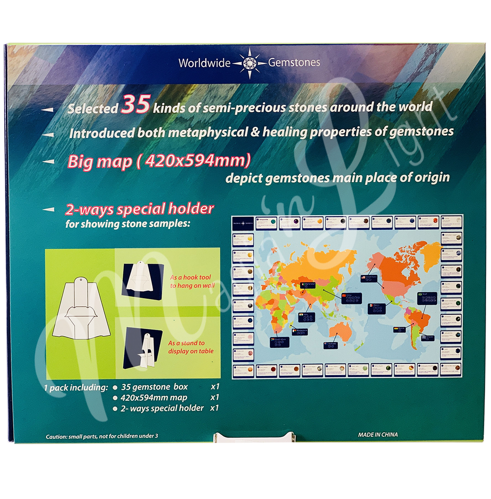 The back of the box reads: 
- Selected 35 kinds of semi-precious stones around the world. 
- Introduced both metaphysical & healing properties of gemstones
- Big map (420x594mm) depict gemstones main place of origin
- 2-ways special holder for showing stone samples: 
- 1 pack including: 35 gemstones box X1
- 420x594mm map X1
- 2-way special holder X1
