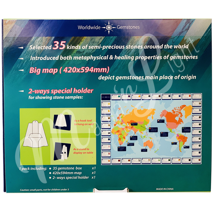 The back of the box reads: 
- Selected 35 kinds of semi-precious stones around the world. 
- Introduced both metaphysical & healing properties of gemstones
- Big map (420x594mm) depict gemstones main place of origin
- 2-ways special holder for showing stone samples: 
- 1 pack including: 35 gemstones box X1
- 420x594mm map X1
- 2-way special holder X1