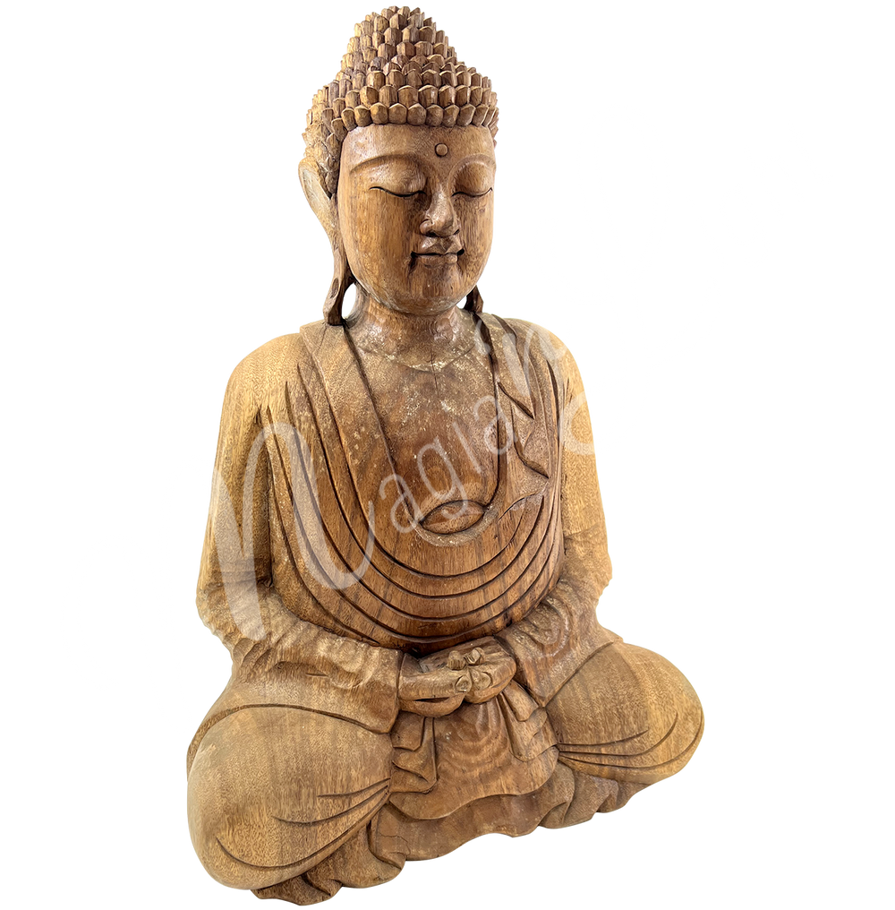 A wooden statue featuring a seated Buddha in meditation, seen with an angle.