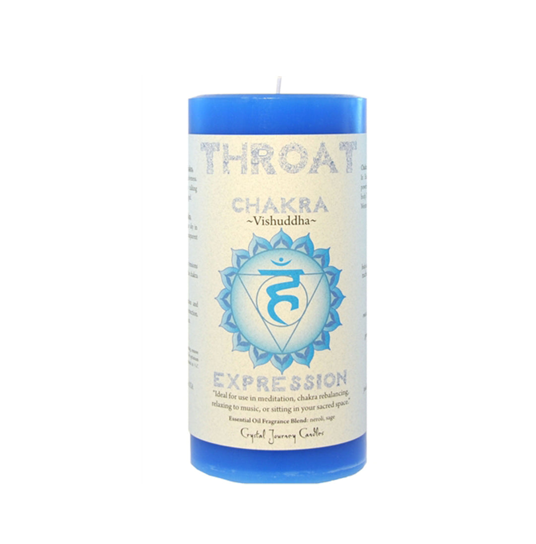 A blue pillar candle labeled 'THROAT CHAKRA' with a symbol representing the throat chakra in white and blue, and the word 'EXPRESSION' below it.