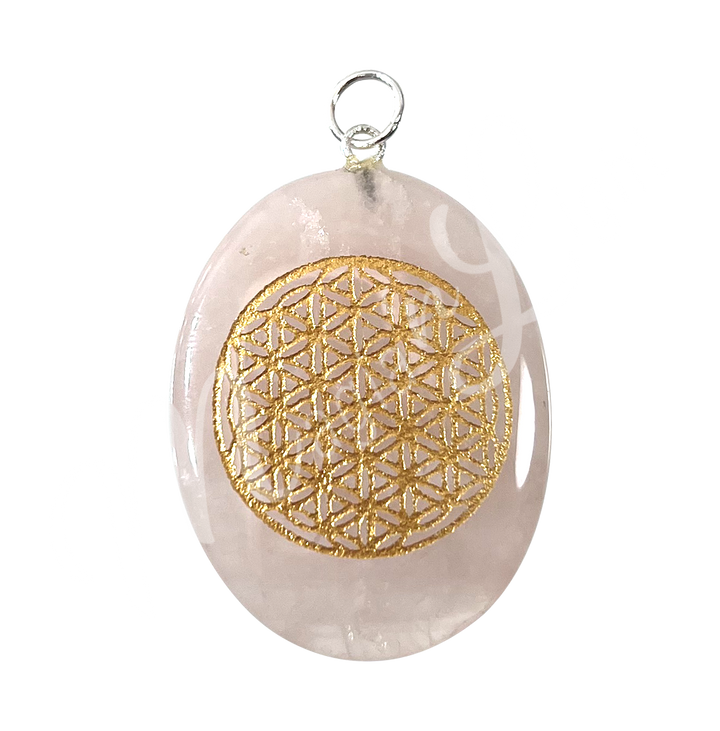 Pendant Worry Stone Rose Quartz w Flower of Life